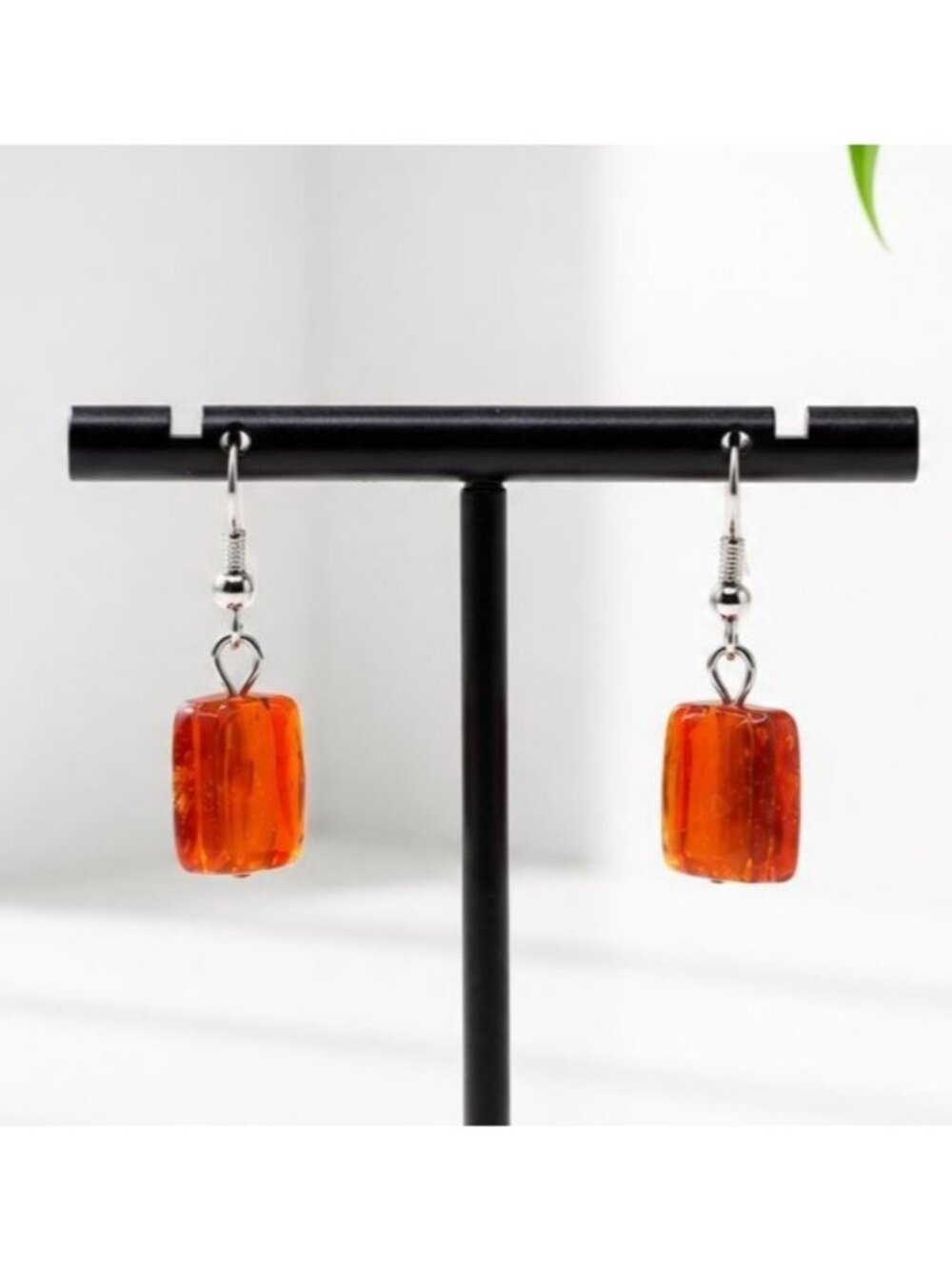 Amber Resin Dangle Earrings With Silver Hooks Vintage Look Rust Orange Color Lig